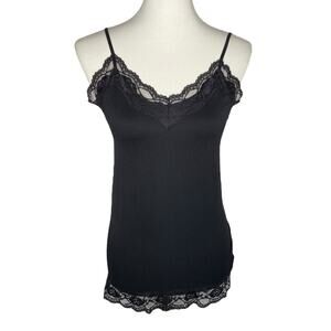 Vintage Bongo Y2K Cami Black Lace Trim Fitted Tank Top Large Elena Bella